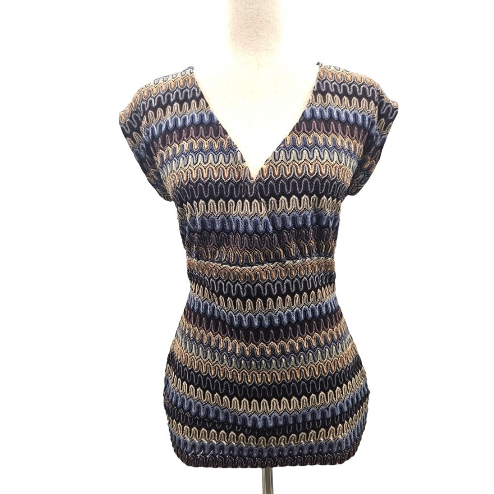 INC International Concepts Petite Zig Zag Knit Cap‎ Sleeve V Neck Top Medium